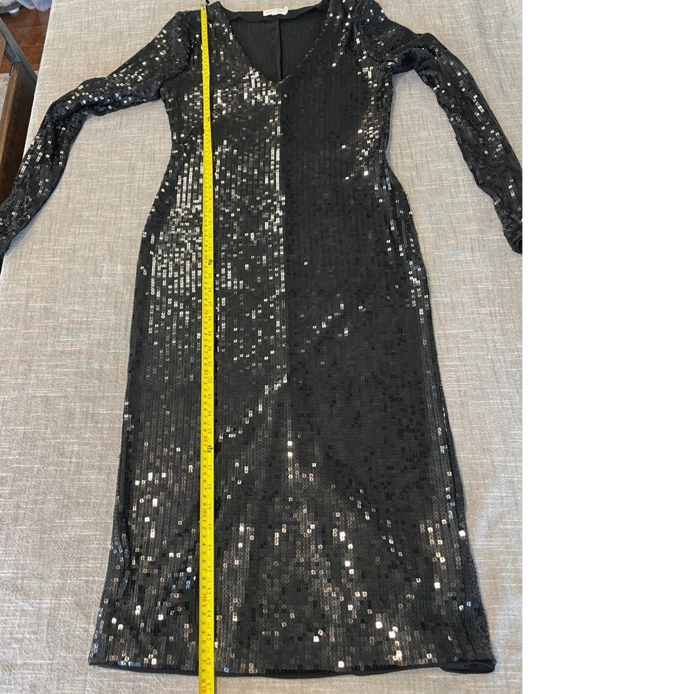 Good American Black Sequin V-Neck Midi Dress Long Sleeve GDW0130 Size 2 - Picture 7 of 11